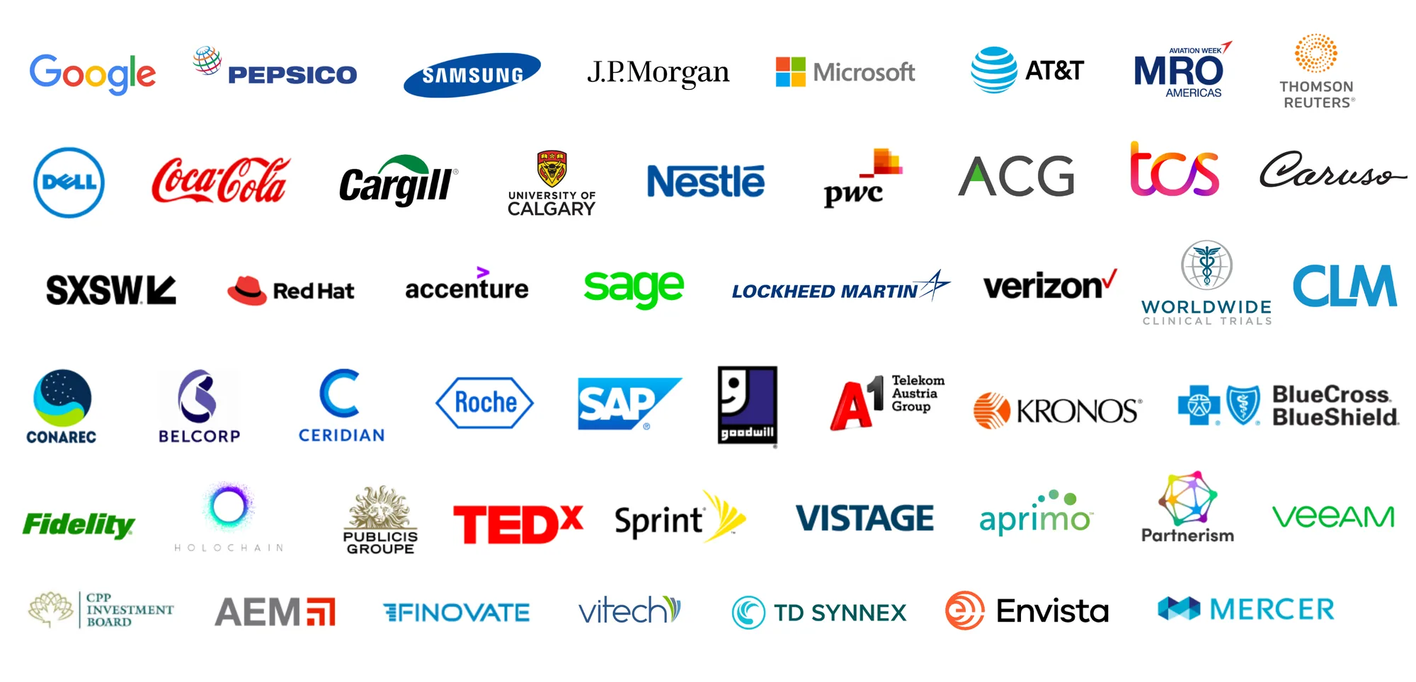 Logos of organizations Nancy has worked with, including Dell, Coca-Cola, Cargill, Nestlé, PwC, SXSW, Red Hat, Accenture, Verizon, SAP, Fidelity, TEDx and Mercer